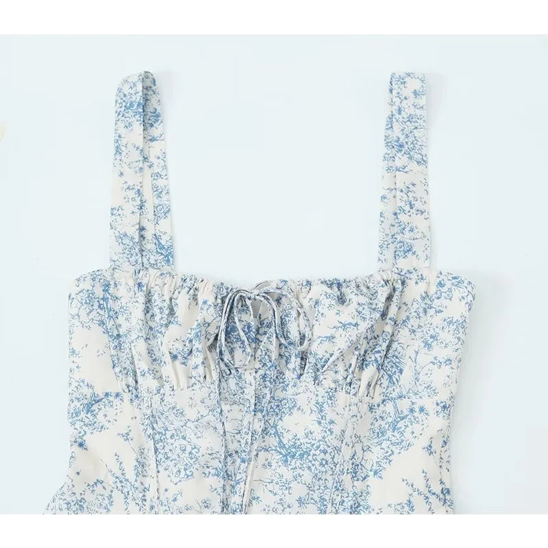 LIZAKOSHT  -  Floral Print Sling Short Dress For Women French Style Sexy Lace Up Bandage Back A-line Mini Dresses Summer 2025 New Holiday Robe
