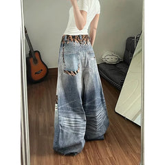  LIZAKOSHT  -  American-style tough lady striped ripped printed denim pants for women, new style, niche, loose, wide-leg,curved-cut pant