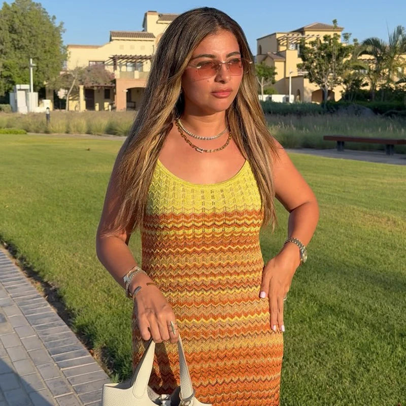 LIZAKOSHT  -  Knit Women Colorful Slip Long Casual Dress Square Collar Sleeveless Off-shoulder Slim Dresses Lady New Holiday Beach Gowns