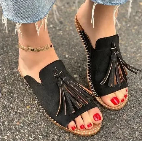 LIZAKOSHT  -  Women's Flat Sandals Resorts Handmade Tassels Wholesale Summer Shoes for Women Retro Design Female Slides Mules Size 41-43