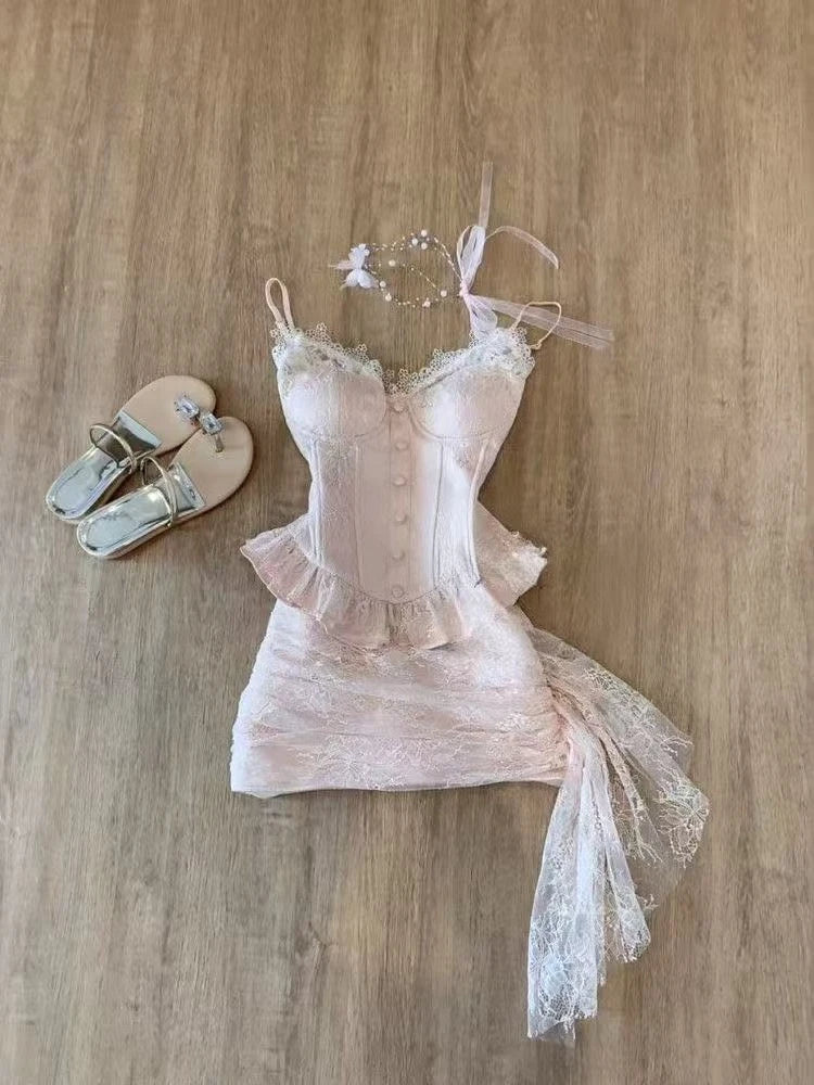 LIZAKOSHT  -  Summer Sweet Pure Desire Style Party Outfit New Sexy Camisole Top + Bodycon Skirt Suit Korean Chic Elegant Two Piece Set