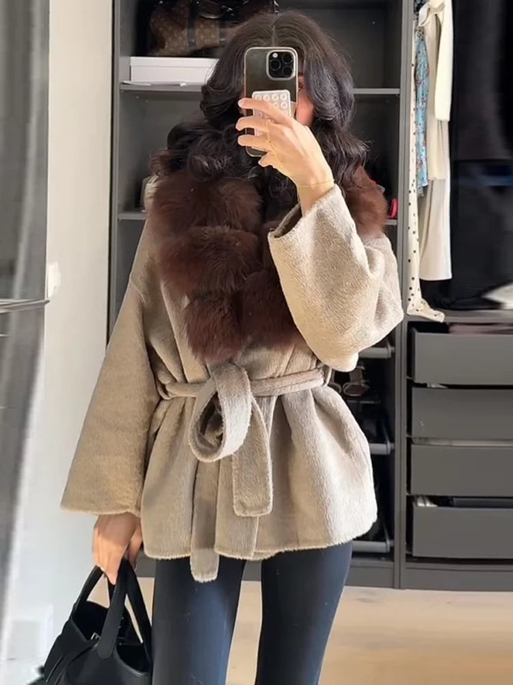 LIZAKOSHT  -  Patchwork Fur V-Neck Lace up Coat Woman Solid Color Long Sleeves Loose Warm Coats Luxury Chic Women's New Autumn Winter Jackets