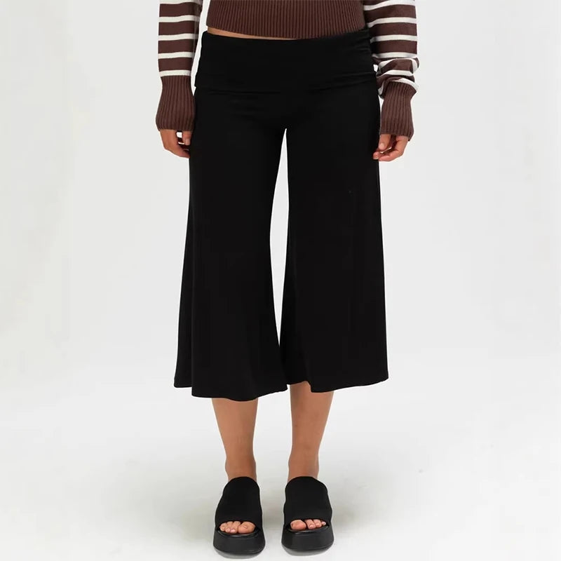 LIZAKOSHT  -  Solid Fold-Over Waist Culotte Lounge Pants High Waist Wide Leg Knit Summer Minimalist Women Chic Y2K Neutral Tone Trousers