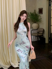LIZAKOSHT  -  Butterfly print backless camisole dress for women's summer temperament buttocks wrapped long slim fit waist fishtail Dress