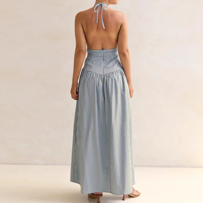 LIZAKOSHT  -  Women Halter Neck Striped Backless Maxi Dress Summer Sleeveless Long Dress Vacations Outdoor Backless Flowy Dress