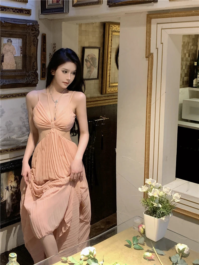 LIZAKOSHT  -  Sexy Pleated Boho Backless Spaghetti Strap Long Dress Women V-neck Vacation Beach A-line Ladies Robe Summer Casual Clothes