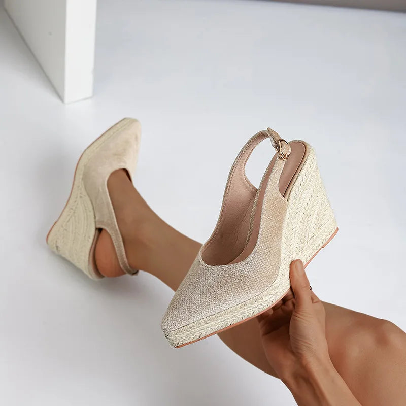 LIZAKOSHT  -  New Straw Wedges High Heels,Women Platform Pumps,Hemp Summer Shoes,Back Buckle Strap