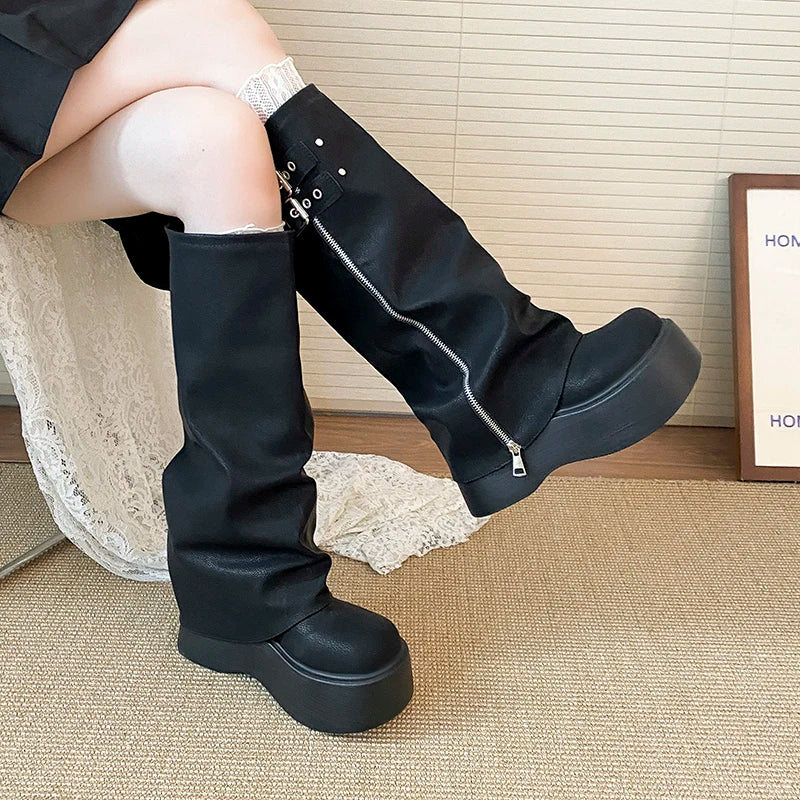 LIZAKOSHT  -  Chunky Style Women Knight High Boots Designer Belt Buckle Platform Heel Shoes Autumn Winter Thick Sole Ladies Long Booties