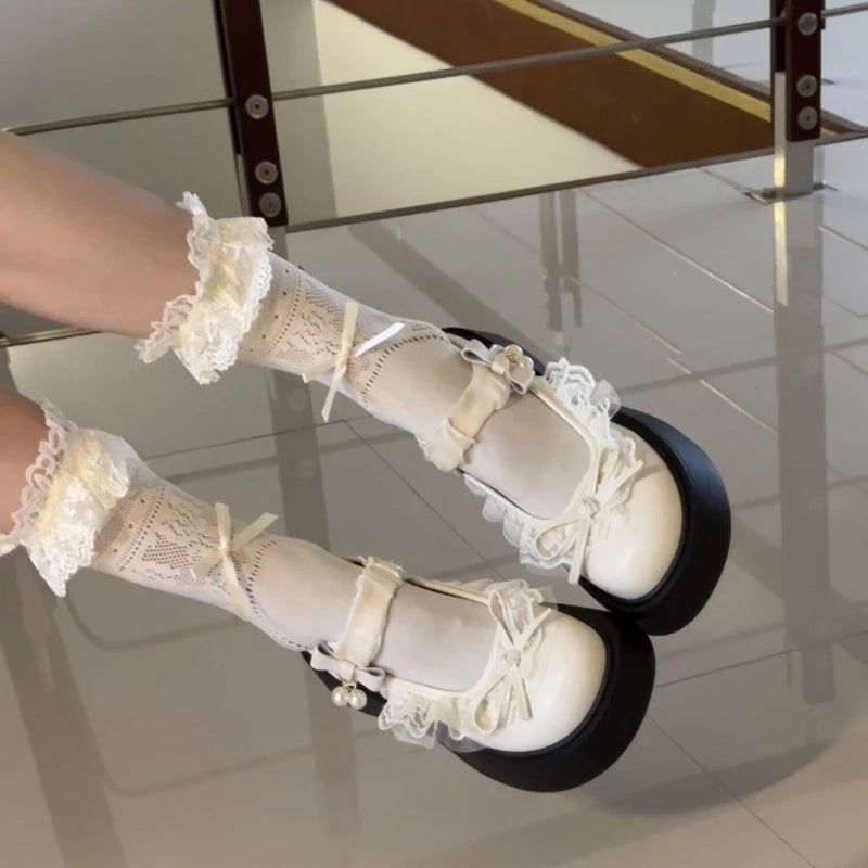 LIZAKOSHT  -  British Style Vintage Women Mary Jane Shoes Concise Butterfly-knot Single Shoes Ladies Height Increase Dress Leather Pumps