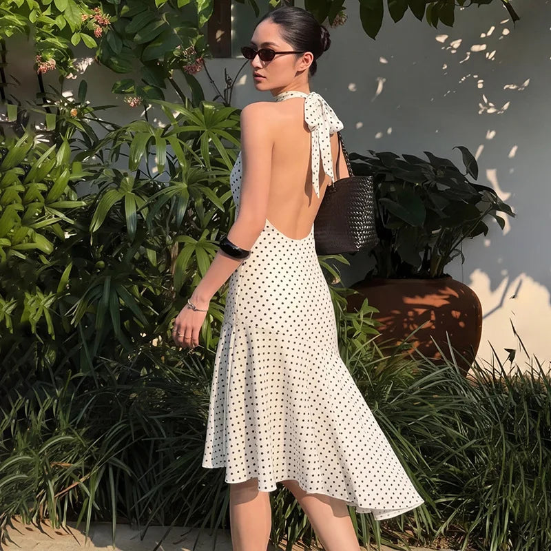 LIZAKOSHT  -  Woman Clothes Halter Backless Polka Dot White Dress Summer Off Shoulder Sleeveless Ruffles Evening Party Dresses