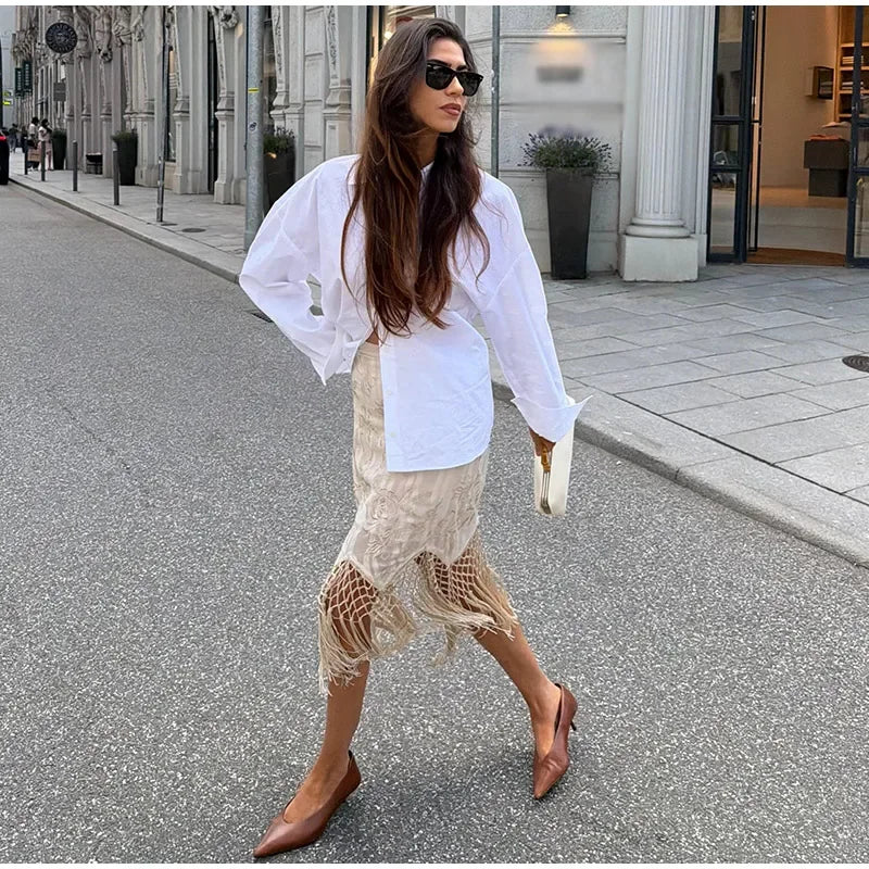 LIZAKOSHT  -  Embroidery Skirt Woman Boho Floral Tassel Midi Skirts Hollow Fishnet Mesh Asymmetric Hem High Waist Summer Wear Woman Clothes