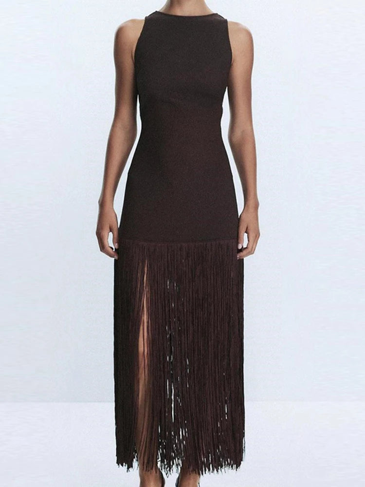 LIZAKOSHT  -  Elegant Sleeveless Hight Waist Slim Party Dress Casual O-neck Solid Wrap Hip Dresses Fringed Splicing Fashion Women's Long Dress