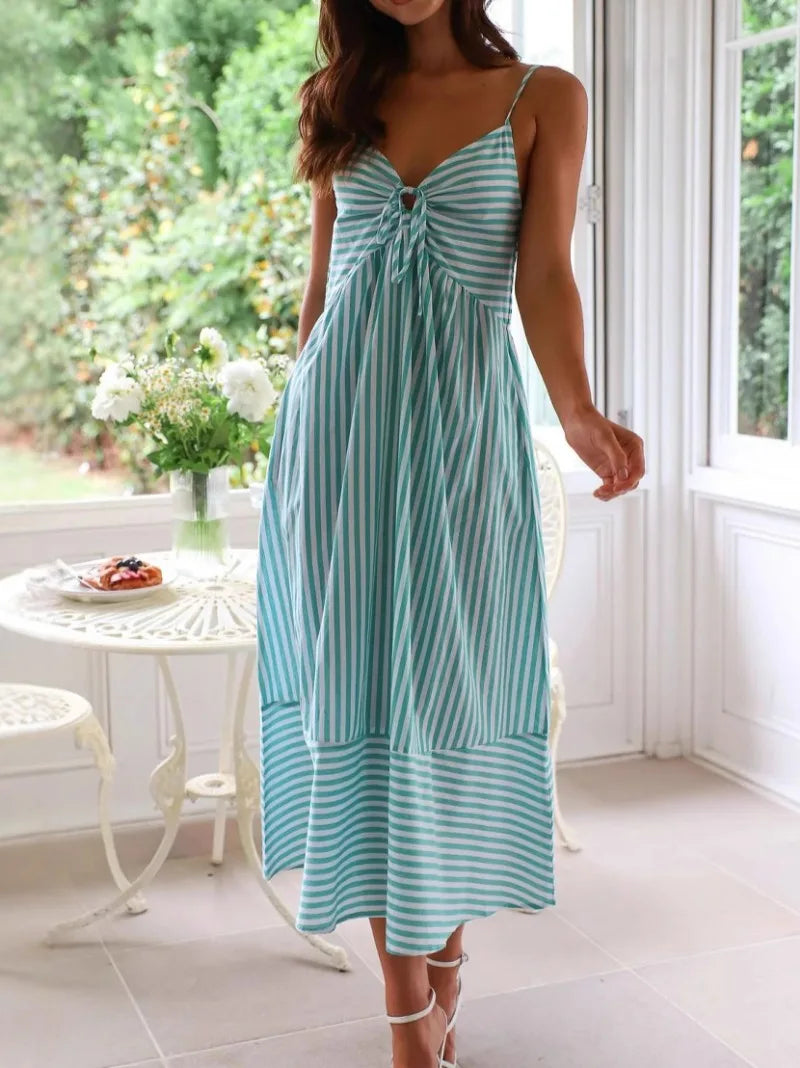 LIZAKOSHT  -  Fashion Long Beach Sexy vintage Dress for Women 2025 New dress Summer Women V-neck Sexy Striped Sling Dress Holiday
