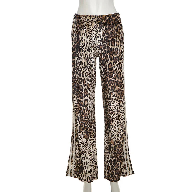 LIZAKOSHT  -  Striped Leopard Print Velvet Wide Leg Pants Fall Winter Women Elastic High Waist Loose Casual Trousers Streetwear Bottoms