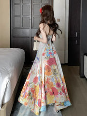 LIZAKOSHT  -  Holiday Flowy Chiffon Long Cami Dress Women Twist Bandage V-neck Ruffle Bohemian Print Flower Dress Casual Beachwear