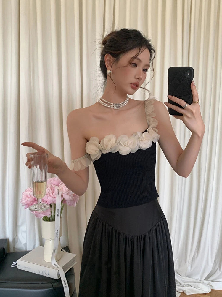 LIZAKOSHT  -  New Summer Clothes Single Strapless 3d Flower Slim Model Elastic Women Top,off The Shoulder Sexy Tank Tide