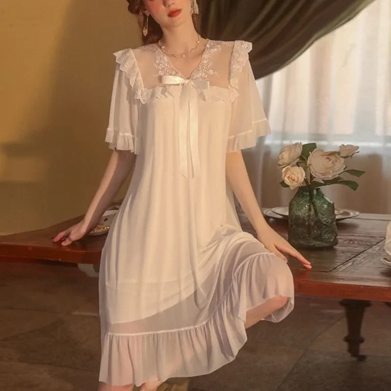 LIZAKOSHT  -  French Elegant Sweet Summer V Neck Short Sleeve Mesh Dress All Match Temperament Women Sleepshirt Y2k Casual Lounge Dress