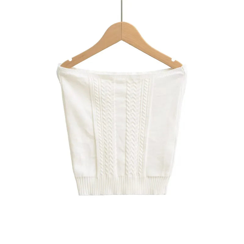 LIZAKOSHT  -  Women Off The Shoulder Twist Lace Trimmed Button Knitted Strapless Top