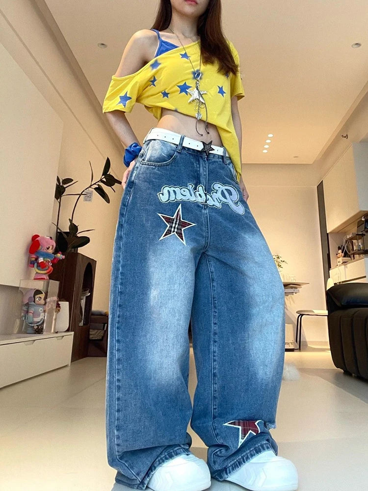 LIZAKOSHT  -  Streetwear Wide Leg Jeans Women Letter Star Print Vintage Harajuku Scimitar Trouser Loose Casual High Waist Patchwork Pants New