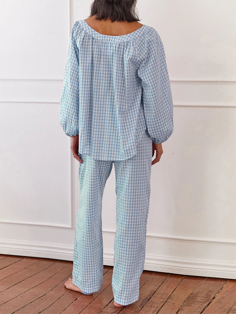 LIZAKOSHT  -  Women s Cozy Plaid Print Pajama Set with Long Lantern Sleeves and Elastic Waistband - Button Down Top and Lounge Pants for Fall