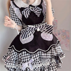 LIZAKOSHT  -  Japanese style Lolita cosplay sweet girls OP plaid doll collar puff sleeves polka dot lace ruffled striped bow star button dress