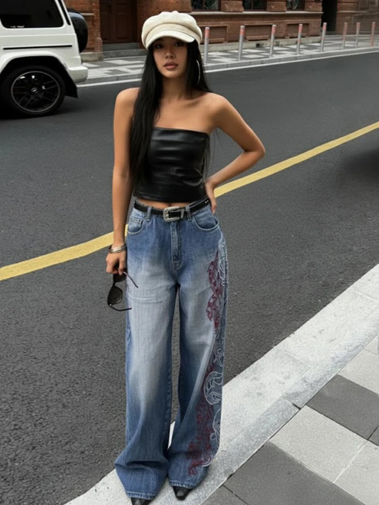 LIZAKOSHT  -  American Vintage Fashion Hot Girl Chic Jeans Women Loose Printed Straight Leg Denim Pants Slim Streetwear Trendy Long Trousers