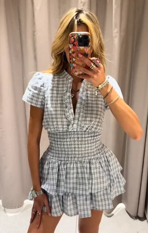 LIZAKOSHT  -  Plaid Waist Cinching A-line Dress Women Casual Short Sleeve V-neck Layered Pleated Mini Dresses Lady Holiday Street Robes