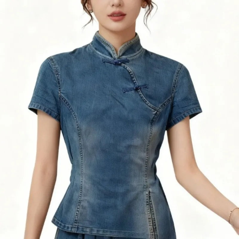 LIZAKOSHT  -  Y2k Chinese Style Denim T Shirt for Women Stand Collar Spring Summer Ropa De Mujer Solid Vintage Versatile Short Tees