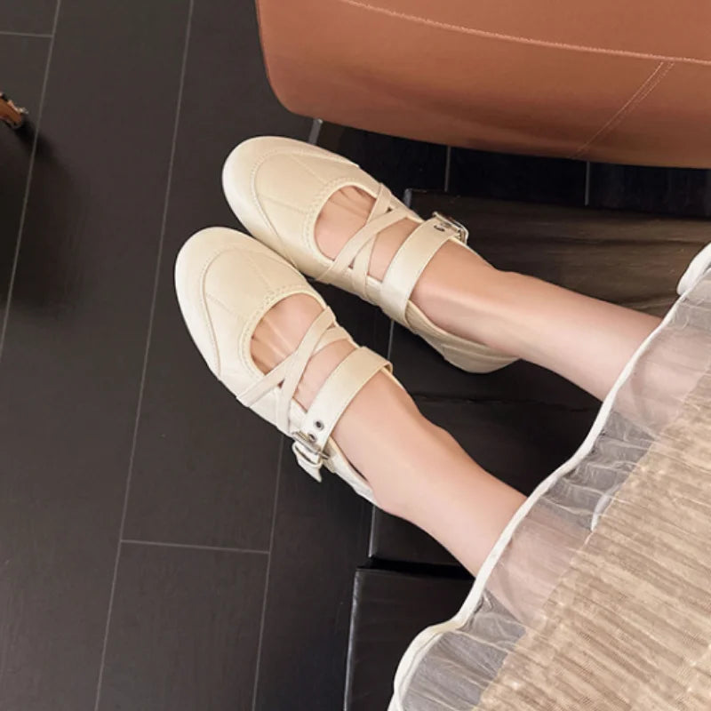 LIZAKOSHT  -   Matte Ballet Mary Jane Flats Ladies Criss Cross Strap Slip on Vintage Soft Walking Footwear Suitable for Office Commute Casual
