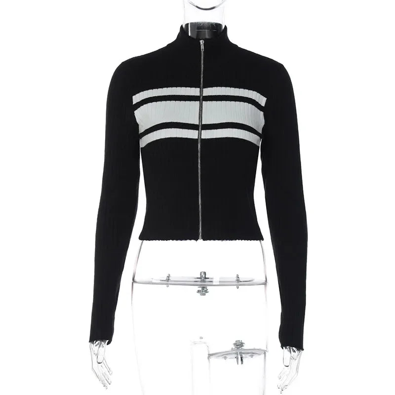 LIZAKOSHT  -  Casual Slim Contrast Knit Cardigan Women Chic Full Sleeve Stand Collar Zipper Short Sweaters Female 2026 Spring Lady Outwears