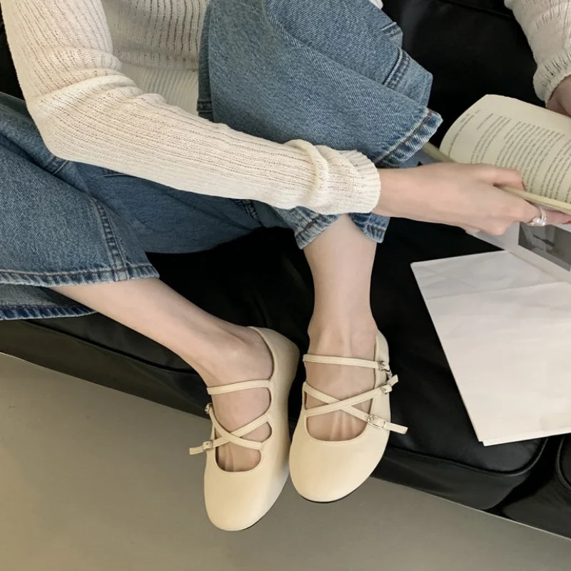 LIZAKOSHT  -  Spring New Women Mary Jane Flat Shoes Fashion Round Toe Slip On Footwear Ladies Elegant Cross Belt Ballet Shoes