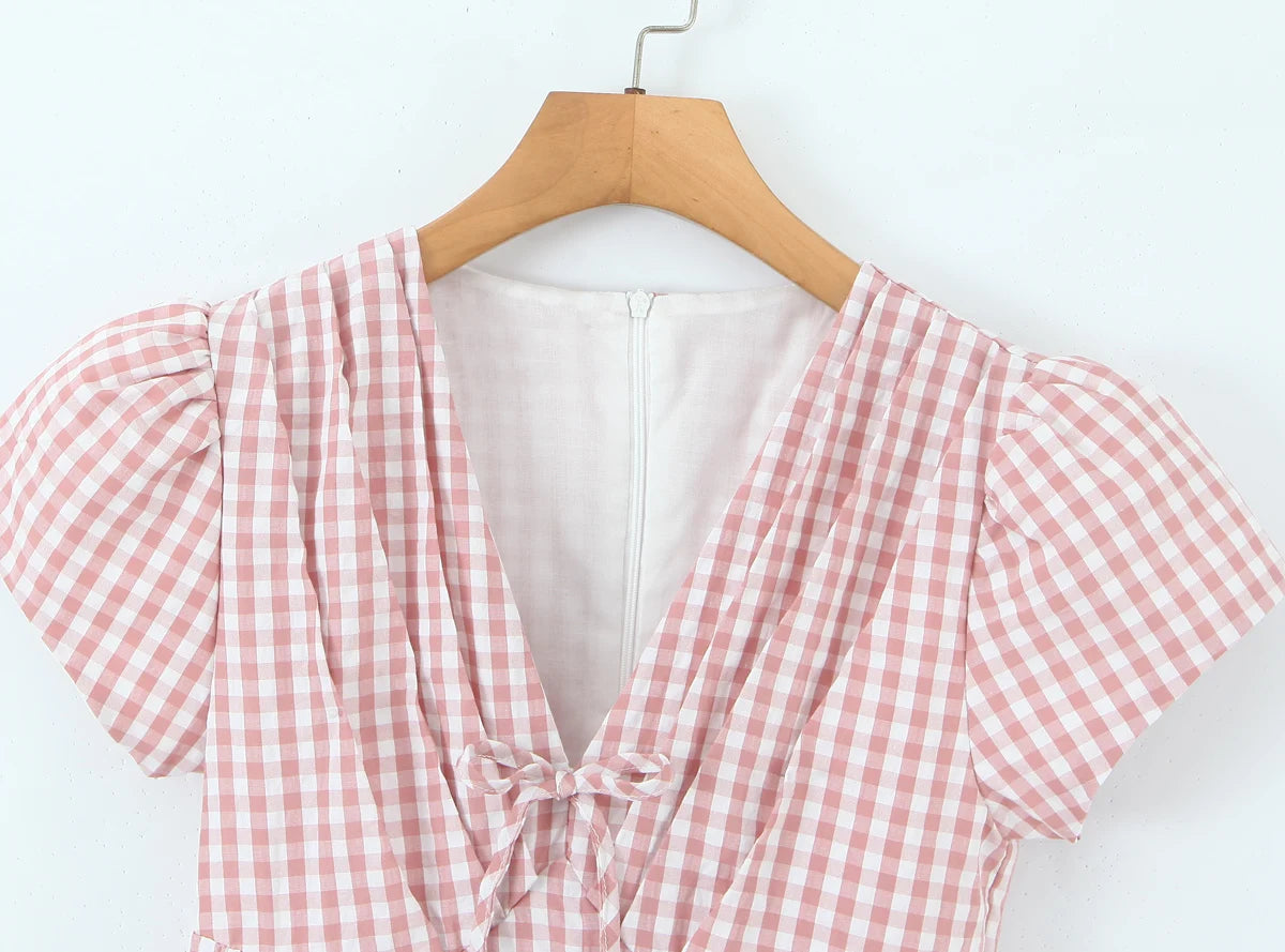 LIZAKOSHT  -  Sweet Pink Plaid Print Bow V neck Short Puff Sleeve Dress Women Low Waist Spliced Ruched Swing Ball Gown Vestidos Femme Robe
