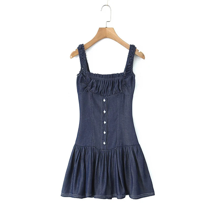 LIZAKOSHT  -  Vintage Women Cinching Waist  Denim Slip Pleated Dress Dark Blue A-line Strap Skirts Distressed Street Wear Casual Jeans Dress