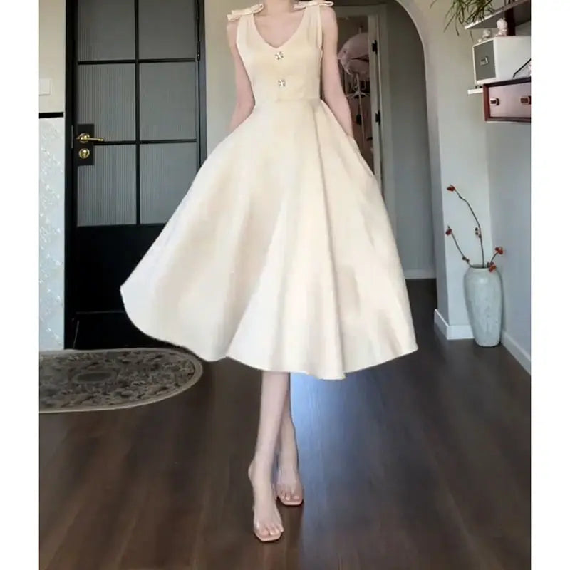 LIZAKOSHT  -  Summer Champagne Bow A Line Dress Women Elegant Slim Waist Party Dress
