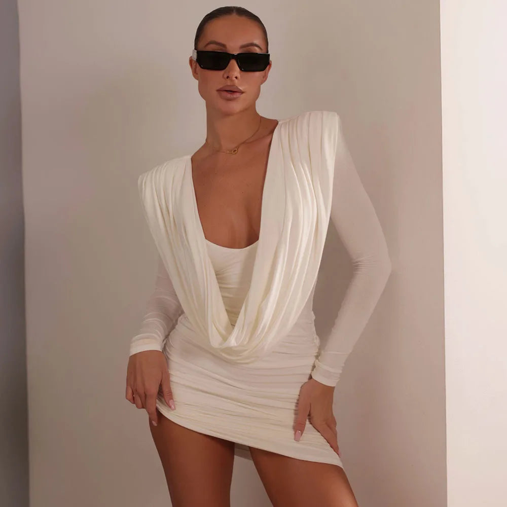 LIZAKOSHT  -  Women White V-Neck Cowl Ruched Mini Dress Sexy Bodycon Solid Long Sleeve Elegant Slim Fit Night Out Short Dress Partywear