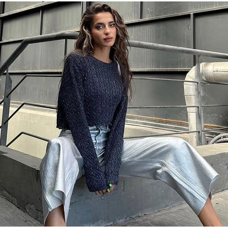 Lizakosht Dark Grey Retro Women's Knitted Jumper Pulloer Long Sleeve Loose Fashion Cropped Top Sweater Autumn Chic Casual Lady Streetwear