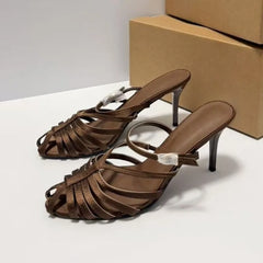 LIZAKOSHT  -  Summer Retro Style High Heels Women Roman Sandals Breathable Weaving Hollow Out Elegant Back Strap Date Banquet Lady Shoes