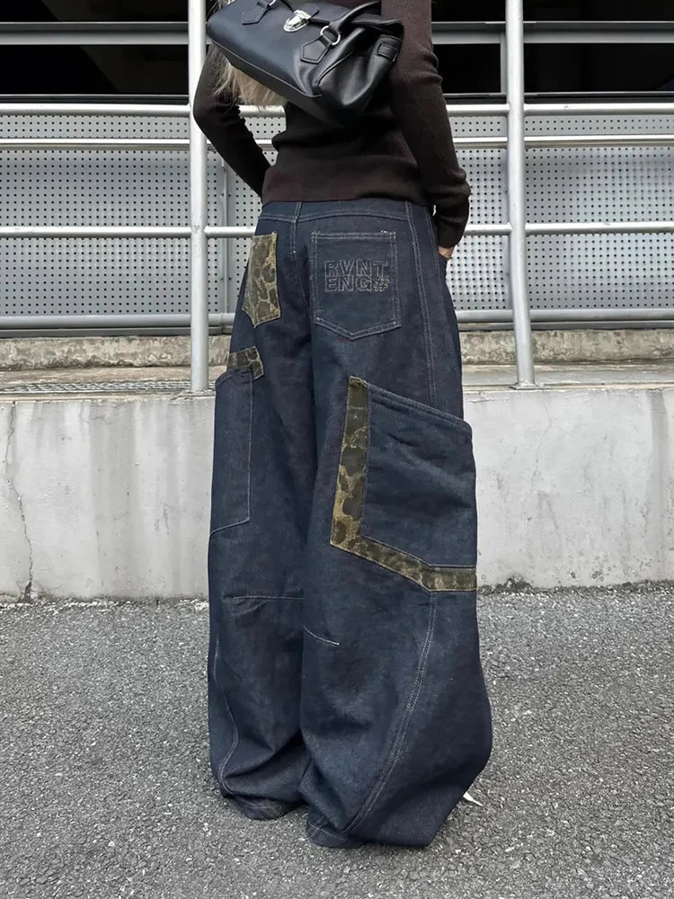 LIZAKOSHT  -  Women Streetwear Wide Leg Jeans Harajuku Camouflage Leopard Patchwork Denim Pants American Vintage Hottie Y2K Machete Trousers
