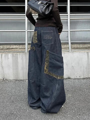 LIZAKOSHT  -  Women Streetwear Wide Leg Jeans Harajuku Camouflage Leopard Patchwork Denim Pants American Vintage Hottie Y2K Machete Trousers