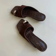 LIZAKOSHT  -  Vintage Clip Toe Brown Suede Metal Toe Flat Sandals Women Square Open Toe Slide Slippers Casual Summer Flip Flops