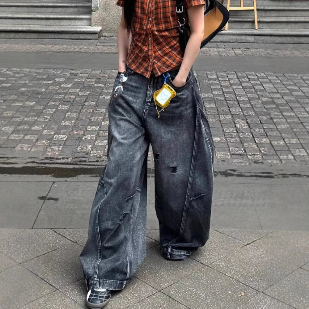 LIZAKOSHT  -  Black Jeans Women Vintage High Waisted Cargo Jeans Straight Autumn Casual Loose Big Size Wide Leg Denim Baggy Pants Y2K