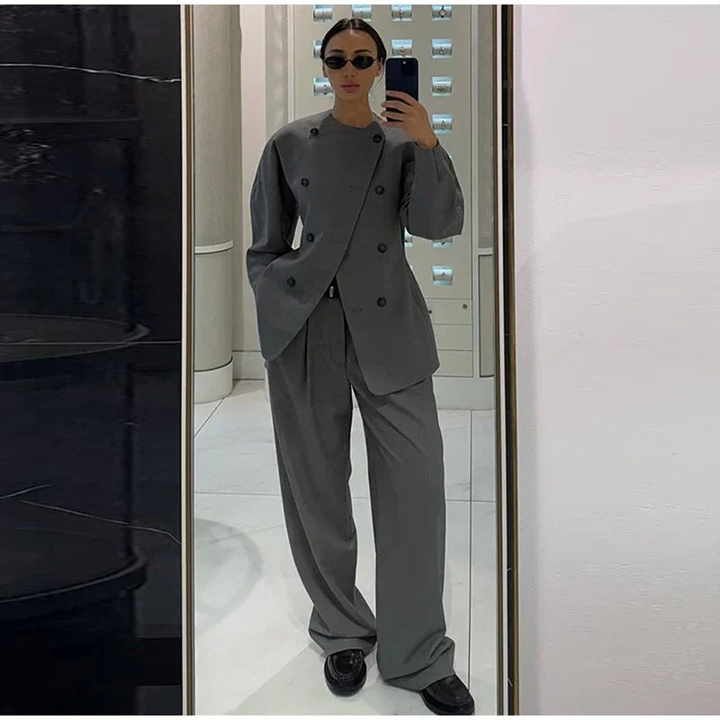 LIZAKOSHT  -  Retro Double Breasted Jacket Long Pant Set Lady Elegant Gray Waist-cinching Jackets Straight Pants Sets Women New Chic Steetwear