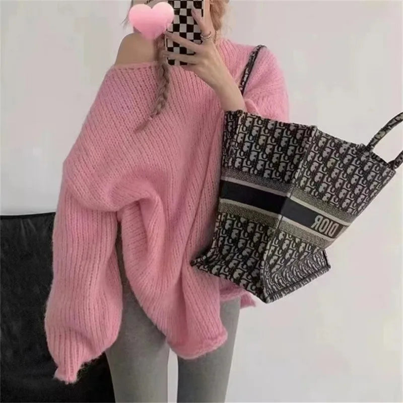 LIZAKOSHT  -  Fall Winter New French Lazy Style Rolled Edge Thick Needle Pullover Sweater Design Loose Knit Sweater Tops Female Jumpers