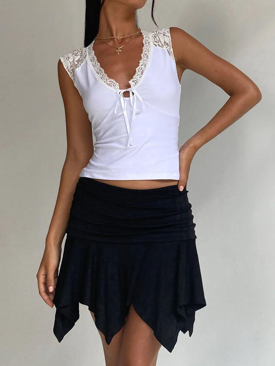 LIZAKOSHT  -  Patchwork Lace Front Tie Up Tank Tops for Women Summer Slim Fit V Neck Sleeveless Crop Tops Y2K Vintage Female Camis Club Street