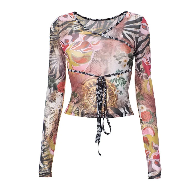 LIZAKOSHT  -  Y2k Sexy Women Printed Mesh Shirts Tops Long Sleeve Low-cut Slim Crop Shirts Party Lady Cross Bandage Lace-up T-shirt Summer