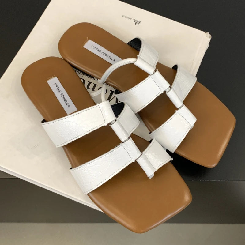 LIZAKOSHT  -  Designer Set Toe Flat Sandals Women Fashion Square Head Hollow Slippers Summer Party Soft Bottom Beach Shoes Flip Flops Women