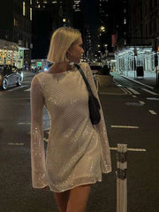 LIZAKOSHT  -  Women Sequins Evening Mini Dresses Y2K Sexy Backless Long Sleeve O Neck Lady Short Dress Elegant New Fashion Party Vestidos