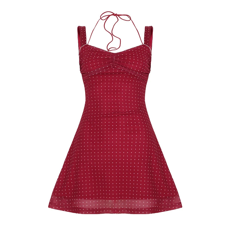 LIZAKOSHT  -  Romantic Polka Dot Red Women Short Dress Square Collar Halter Sleevelss A-line Dresses Summer Vacation Style Outfits