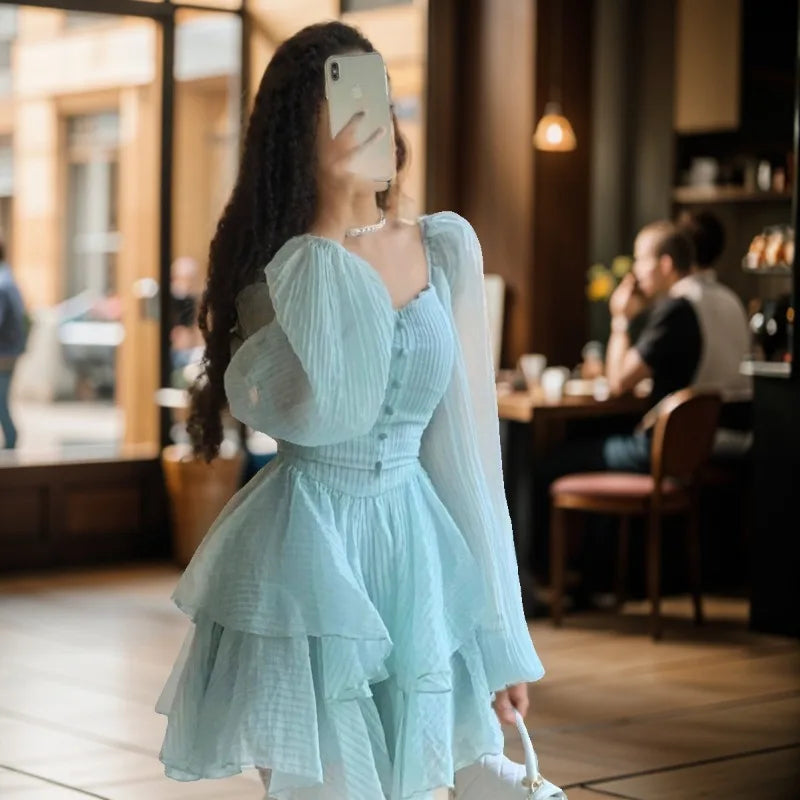 LIZAKOSHT  -  Casual Fashion Spring and Summer New Ruffles Patchwork Square Collar Long Sleeve High Quality Dress Solid Color Women's Clothing