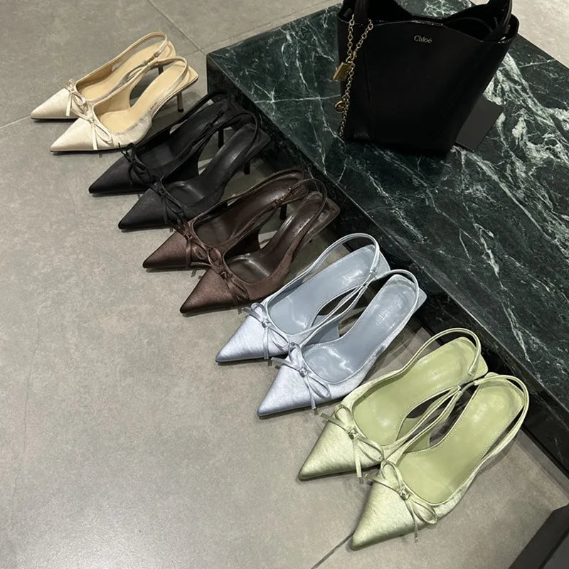 LIZAKOSHT  -  Women Thin Heels Slingback Sandals Elegant Pointed Toe Pumps New Brand Designer Bow Knot Party Dress Wedding Shoes Footwear